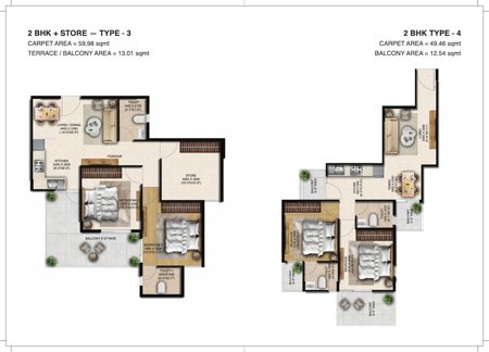 2 BHK+Store Type-3 & 2 BHK Type-4 Unit Plan