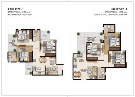 3 BHK Type-1 & Type-2 Unit Plan